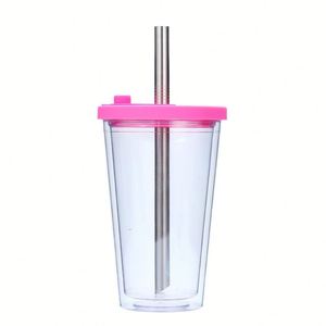 Portable 16oz Double Layer AS Straw Tumbler With Metal Straw Dishwasher Safe & <b>Reusable</b> Colorful Travel <b>Cup</b> - Product Image 3