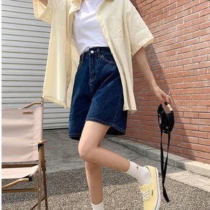 2022 moda donna estate pantaloncini di Jeans a vita alta Jeans bottone cerniera tasche sottili <span class=keywords><strong>pantaloni</strong></span> <span class=keywords><strong>corti</strong></span> allentati pantaloncini dritti tinta unita - Product Image 3