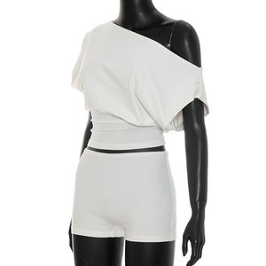 Viviblook J26ST267 Women Casual <b>Set</b> Solid Color Slim Fit <b>Sexy</b> Off Shoulder Short Sleeved T-Shirt Shorts Two Piece <b>Set</b> - Product Image 5