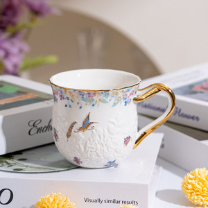 Colorful Floral Ceramic <b>Mug</b> with Embossed Design - <b>Gold</b> Rim Pastoral Coffee Milk Cup - Product Image 1
