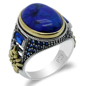 Anillo de Plata de Ley 925 con piedra de lapislázuli azul para hombre, anillo de piedra de lazurita, joyería turca de plata 925 para hombre