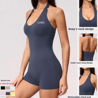Combinaison de yoga sans couture, anti-transpiration, à col en V, dos nu, col halter, unie, imprimée par transfert thermique, style transfrontalier Europe/Amérique