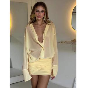 Ghh7938-2025 mùa xuân mới của phụ nữ giản dị Dresses sexy ve áo mỏng phù hợp với hip Ôm Dây đeo áo sơ mi Jumpsuit váy ngắn - Product Image 1