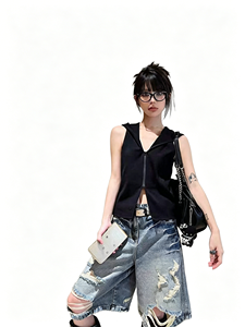 Shorts in Denim Americano Retrò Effetto Usurato da <span class=keywords><strong>Donna</strong></span>, Pantaloni a Gamba Larga Strappati a Vita Alta Stile Y2K, <span class=keywords><strong>Jeans</strong></span> Casual Estivi - Product Image 6