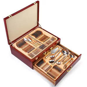 In Stock Hot Sale Restaurant Silverware Silver Gold Plated Stainless Steel 72 pcs Cutlery Set In Wooden Case