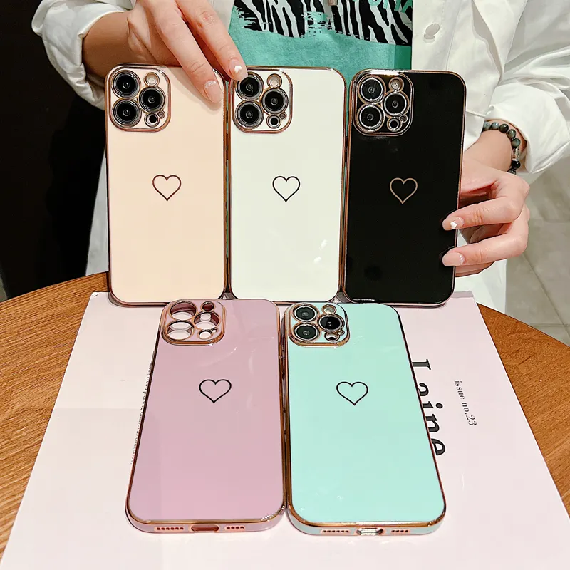 Compatible with iPhone 13 Pro Max Case for Girl Women Cute Love-Heart Stylish Bling Plating Soft Back Cover