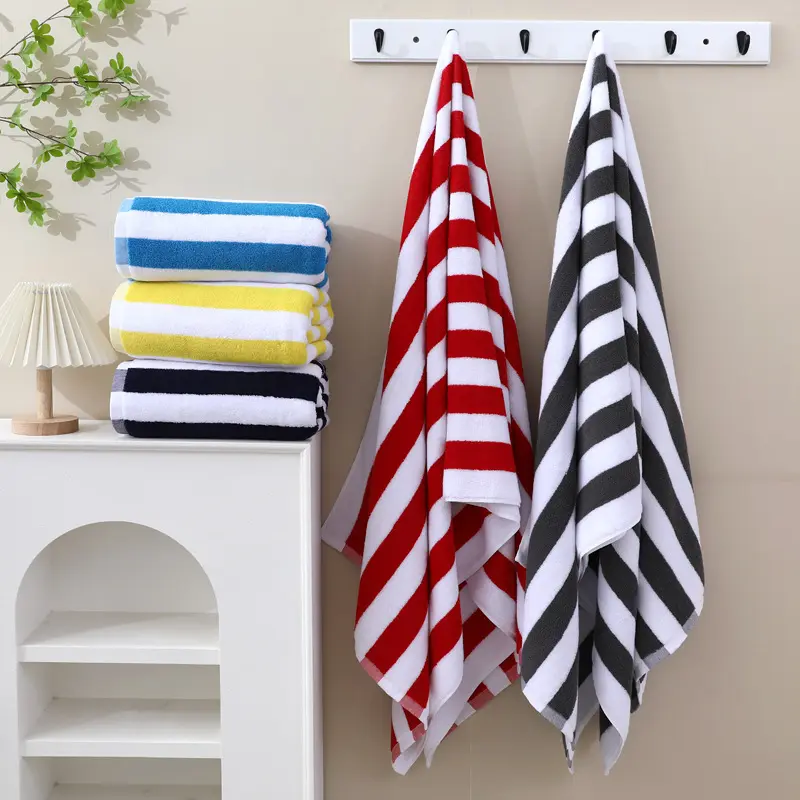 High Quality 100% Cotton Beach Towel /Pool Towel Double Yarn Strength Beige Striped Oversized Beach Towels 30x70