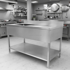 โต๊ะเตรียมอาหารสแตนเลสพร้อมชั้นวางด้านหลัง - Product Image 1