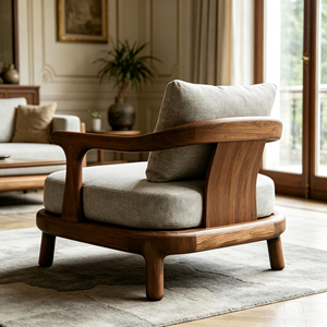 Fauteuil d'appoint, structure en bois massif, tissu en lin <span class=keywords><strong>gris</strong></span> <span class=keywords><strong>clair</strong></span>, fauteuil moderne du milieu du siècle pour salon, villa, hôtel, durable - Product Image 3