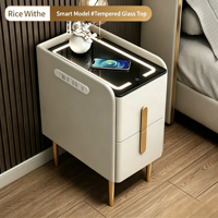 Table de chevet multifonctionnelle avec plateau en verre, 2 tiroirs, charge sans fil, ports USB, éclairage LED, design moderne et écologique pour la maison