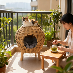 Ganzjahres-Haustier-Rattanhaus Umweltfreundliches Komfortables Erhöhtes Haustierhaus Komfortables Bett für Pelzige Freunde Weiden-Katzenhaus - Product Image 2