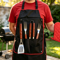 Ensemble de 5 ustensiles de barbecue d'extérieur en acier inoxydable avec manche en bois : spatule, pinces, tablier, sac et gants résistants à la chaleur
