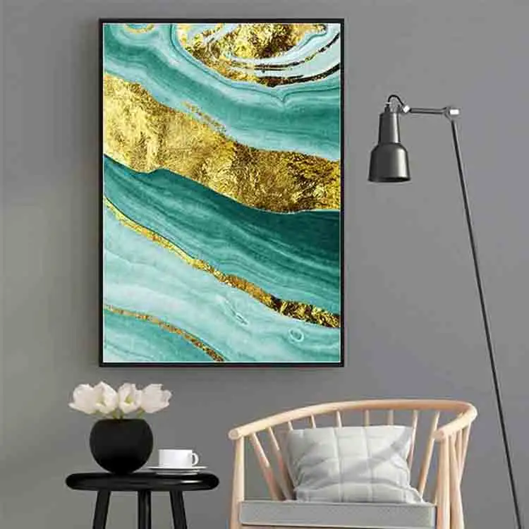 Light Luxury Style Gold Leaf Abstract Living Room Decoration Drawing Model Room Golden Emerald Texture Hanging Painting