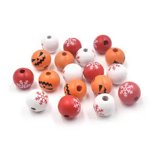 16mm Christmas Snowflake Pattern Wooden Beads Orange Grimace Wooden Beads for Halloween Decor DIY Craft