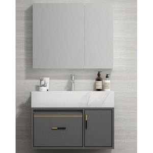 Meuble-lavabo de salle de bain gris CR 90 cm avec miroir intelligent à LED, vasque en céramique monobloc et armoire en bois massif - Product Image 4