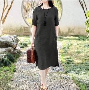 <span class=keywords><strong>Robe</strong></span> mi-longue décontractée d'été vintage en <span class=keywords><strong>coton</strong></span> et <span class=keywords><strong>lin</strong></span> à manches courtes pour femme, idéale pour la <span class=keywords><strong>plage</strong></span> et les fêtes - Produit tendance OEM Liu Ming - Product Image 6