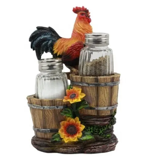 Girasol granja gallo de pie en cubos de madera de sal y pimienta de figura 6,5 "H" de pollo escultura decorativa
