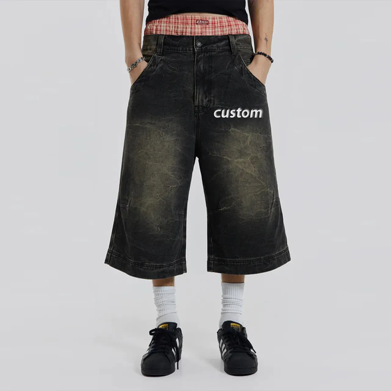 vintage double knee flared skate mens baggy jorts custom wholesale cut up acid washed jean shorts for men