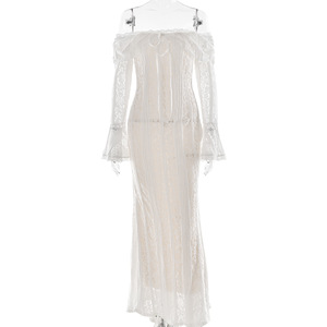 Robe longue moulante en dentelle à épaules dénudées, taille haute, dos nu, robe de soirée, couleur unie, tissu polyester - Product Image 5