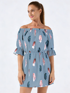 Vestido de hombros descubiertos con estampado de plumas azules de talla grande para mujer - Vestido mini de gasa con cintura elástica para ocasiones informales, vacaciones y fiestas - Product Image 3