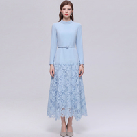 Nouvelle Arrivée Robe Longue Élégante Décontractée pour Femme avec Col Montant et Dentelle Patchwork Coupe Trapèze