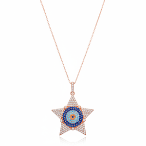 Clear Zircon Stone Eye <b>Star</b> Design Charm Necklace Pendant Turkish Handcrafted Wholesale 925 Sterling Silver Jewelry - Product Image 2
