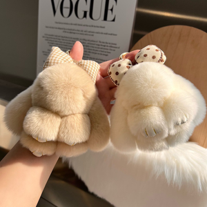Hair Bow Rabbit Fur Keychain Cute Fluffy Pompoms Bunny Keychain Bag Charm Alloy Ring Plush Rabbit Keyring Bowknot Rabbit Keyring