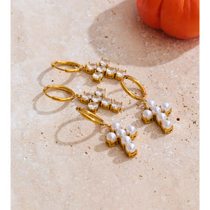 JINYOU kadınlar için inci boncuk ile 2811 paslanmaz çelik altın kalplama halka küpe çapraz kolye küpe - Product Image 2