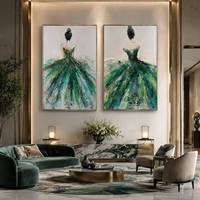 Peinture à l'huile sur toile acrylique texturée verte, 100% faite à la main, représentant une ballerine, art mural moderne 3D pour la décoration de la chambre des filles