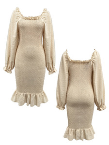 Robe élégante de style européen et américain, unie, à manches longues, col carré, ajustée, jupe sirène mi-longue - Product Image 5