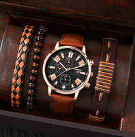 Nouveau Coffret Bijoux 4 Pièces en Alliage pour Hommes d'Affaires, Montre-Bracelet à Quartz Décontractée avec Bracelet en Cuir, Date et Chiffres, Montre Tendance