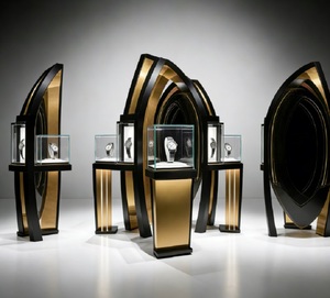 Vetrina Espositiva Curva Artistica per Negozio di Orologi di Lusso, Vetrina in Vetro con LED Nero e Oro - Product Image 4
