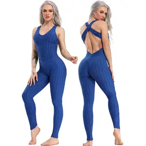 Mono de Yoga con realce de trasero para mujer, ropa deportiva sin espalda, sin mangas, con textura para gimnasio