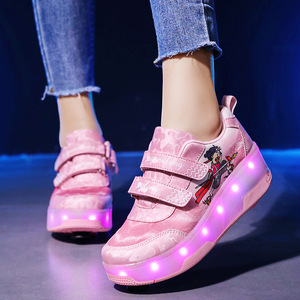 Flashing Roller Shoes For Kids With Led Lights And Double Row Wheels Plastic Material Pink Design - Product Image 4