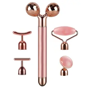 2024 Hot Selling 5 in 1 Electric Facial Lift Natural Rose Quartz Jade Roller Set T Vibrating 3D Face Massage Energy Beauty Bar