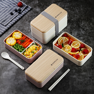 Microwave Double Layer Lunch Box 1200ml Wooden Feeling Salad Bento Box Portable Food Container Box