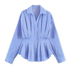 Blusa de popelina a rayas para mujer, manga ancha, cuello vuelto, camisa plisada de manga larga, ropa informal para uso diario - Product Image 3