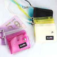 Dompet PVC Portabel Wanita, Tali Leher Kartu Lipat Tempat Stiker Foto Koin Tunai