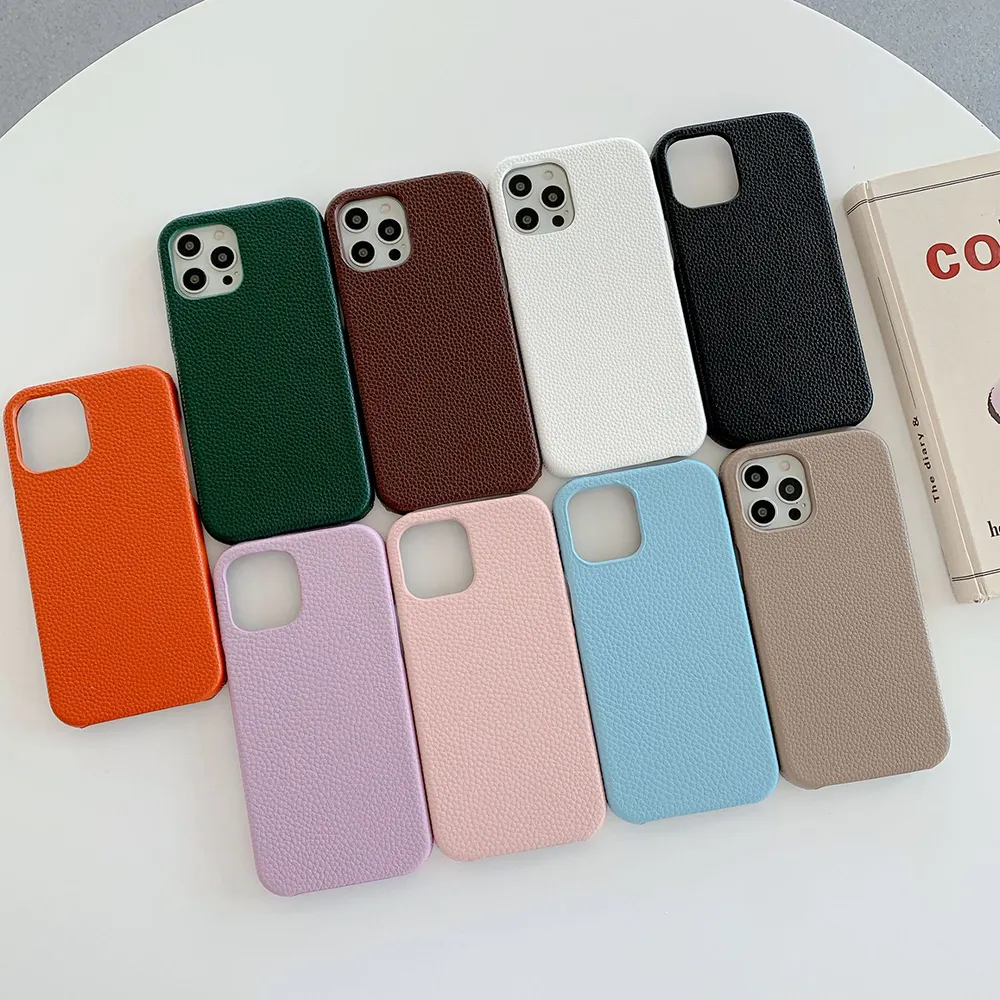 Ready to Ship PU lichee pebble faux leather skin mobile cellphone back phone case cover full wrapped for iPhone 12 pro