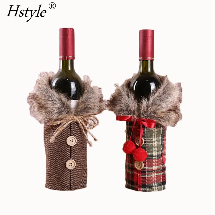 Christmas Sweater Wine Bottle Covers Plaid Wine Bottle Clothes Bottle Dress Faux Fur Collar And Button Coat Design SD2542