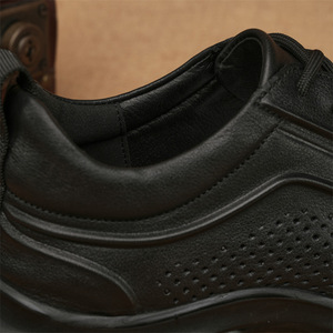 Chaussures décontractées pour hommes en cuir véritable, bout rond, respirantes, à lacets, semelle extérieure en caoutchouc, toutes saisons, noires - Product Image 2