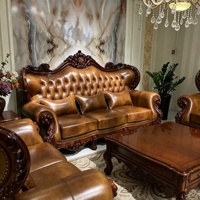 Ensemble de canapés classiques européens en cuir véritable, cadre en bois massif sculpté à la main, pour grand salon de villa, mobilier de maison