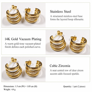 Pendientes de Aro en Capas de Acero Inoxidable con Baño de Oro de 14K y Circonita Cúbica de Múltiples Hileras - Product Image 3