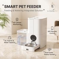 Distributeur automatique intelligent 2-en-1 moderne pour animaux de compagnie avec caméra, 5L de nourriture, 3L d'eau, contrôle WiFi via application, gamelles en acier inoxydable