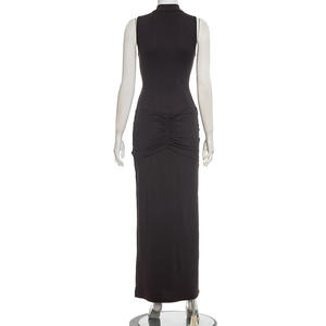 Viviblook C25DS456 <b>Women</b> Party <b>Dress</b> New Metal Buckle Half High Neck Sleeveless <b>Dress</b> <b>Slit</b> Pleating Maxi <b>Dresses</b> - Product Image 6