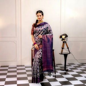 New Traditional Design <b>Purple</b> Silk <b>Saree</b> With Leaf Pattern And Border Traditional Indian Wedding Wear For Women - Product Image 1