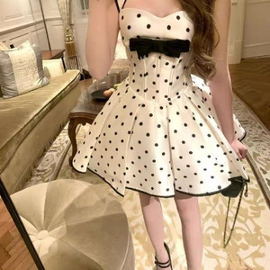 Vestido de cóctel vintage francés de alta calidad con lazo de lunares, estilo princesa, sin tirantes, cintura natural, línea A, para mujer 8595 - Product Image 3