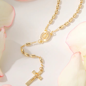 Collares Clásicos de Rosario con Cuentas Doradas de 3*5mm Guadalupe Virgen María Cruz Chapado en Oro de 14k Collar Católico en Forma de <span class=keywords><strong>Y</strong></span> - Product Image 1