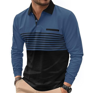 Men's Long Sleeve Color Blocked <b>Polo</b> <b>Shirt</b> Striped Design Casual Knitted Style with Pocket <b>Blue</b> and Black - Product Image 1
