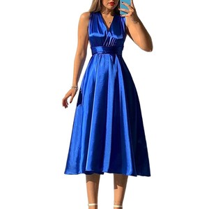 Robe de soirée dos nu à col en V, taille haute, coupe ajustée, couleur unie, en satin, longue, pour femme, vert, rouge, bleu, polyester - Product Image 5